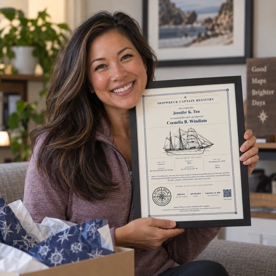 Customer displaying a framed commemorative certificate, photo 6