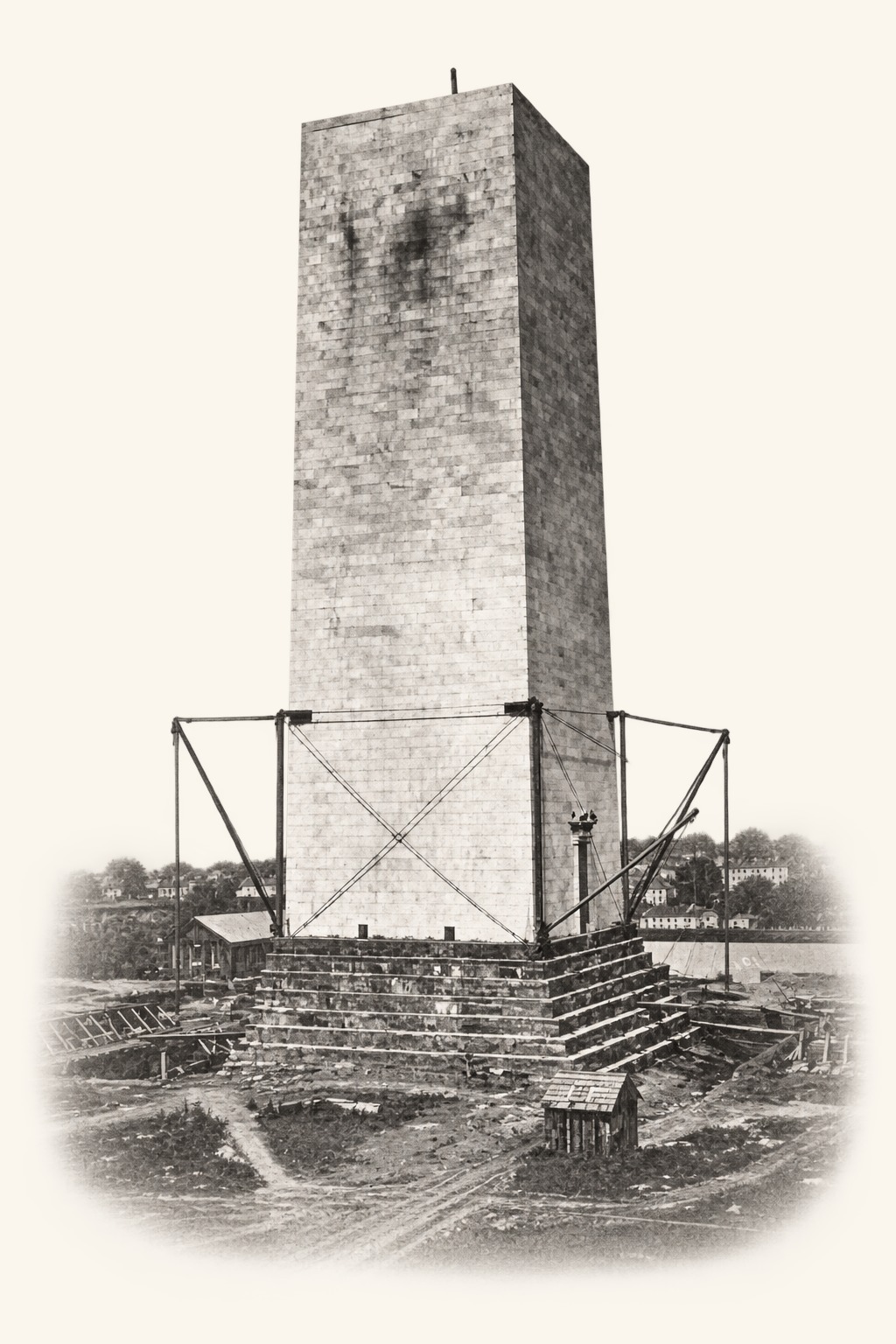 Nineteenth-century photograph of the Washington Monument rising above its unfinished base and construction scaffolding