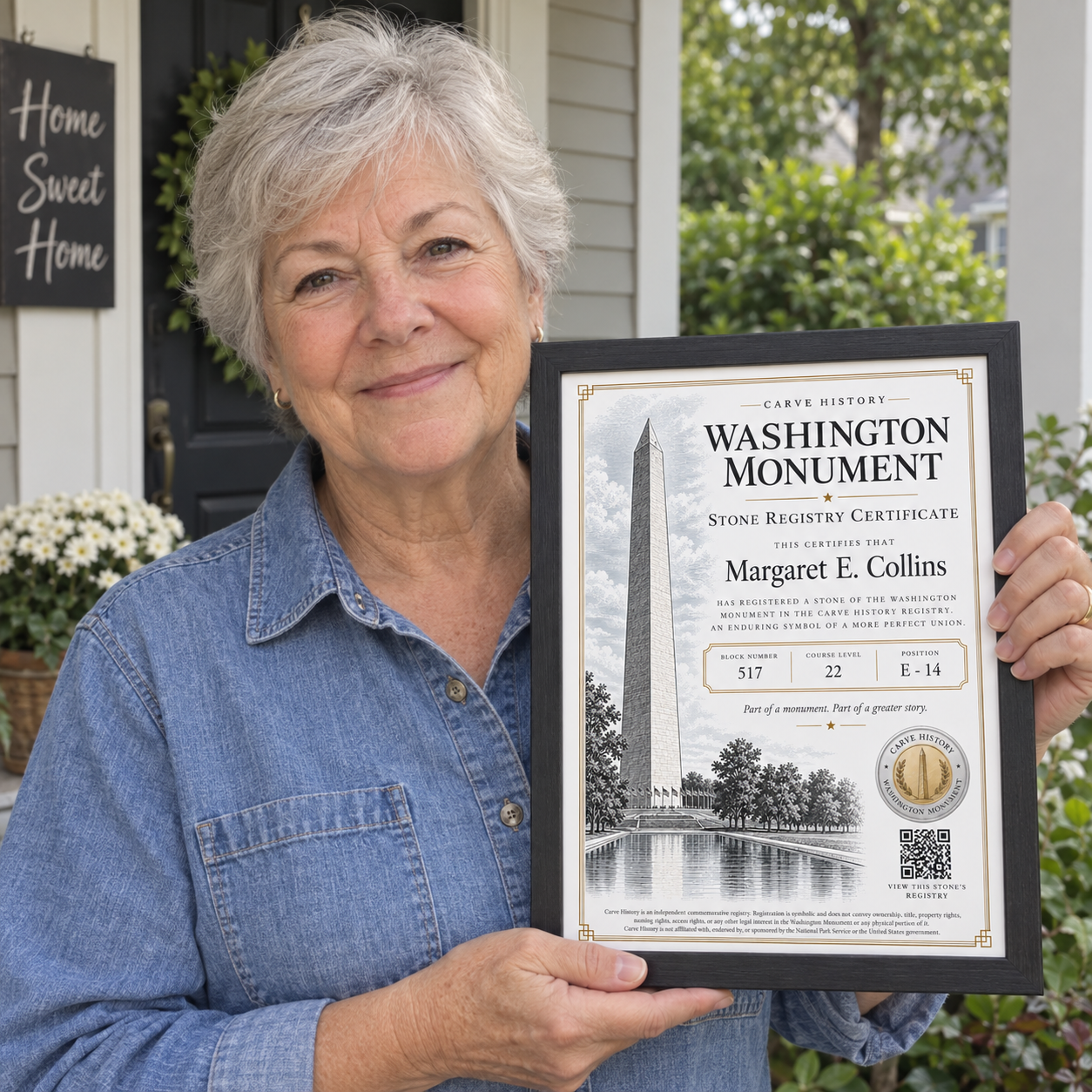 Margaret holding her framed Washington Monument Stone Registry Certificate on her front porch