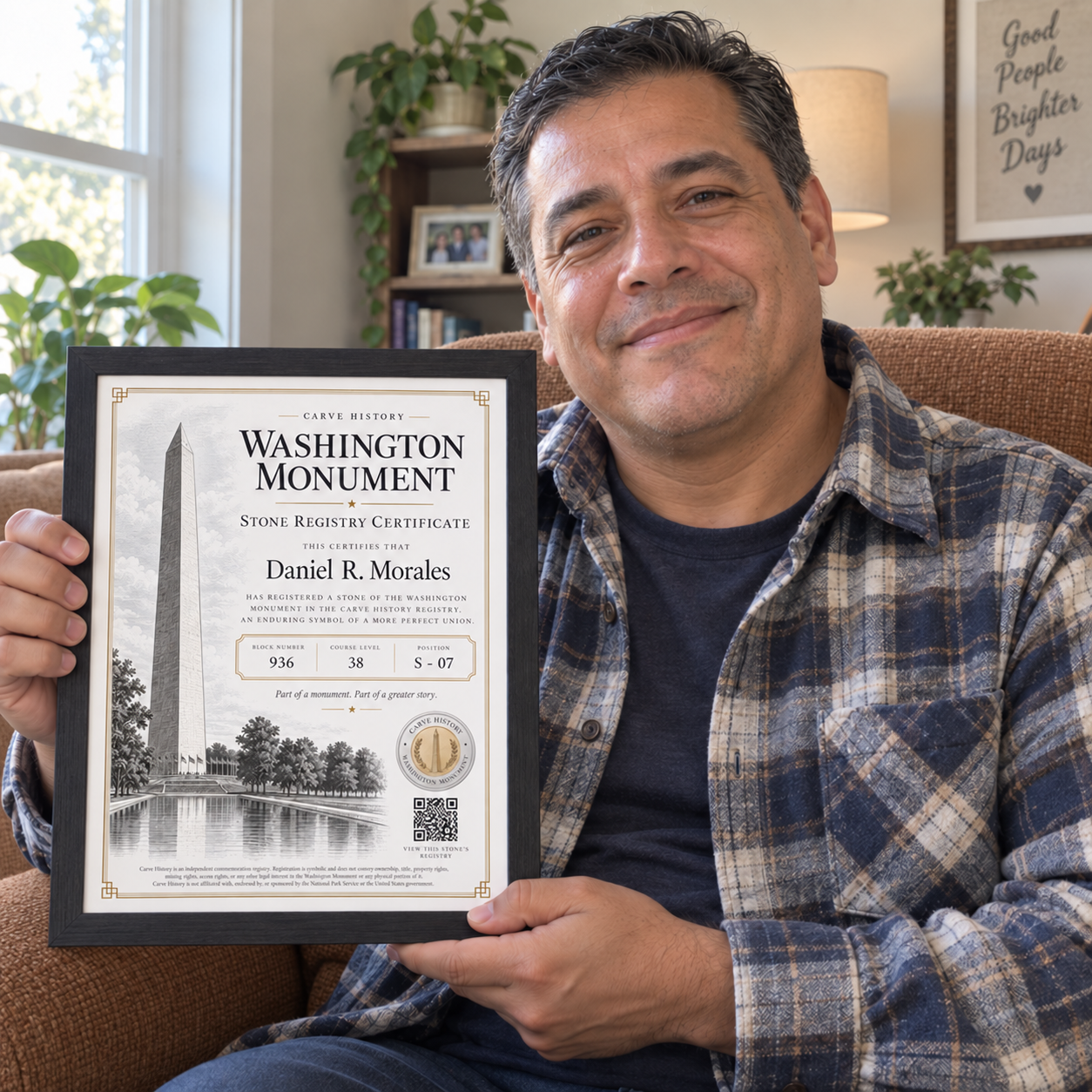 Daniel holding his framed Washington Monument Stone Registry Certificate on the sofa