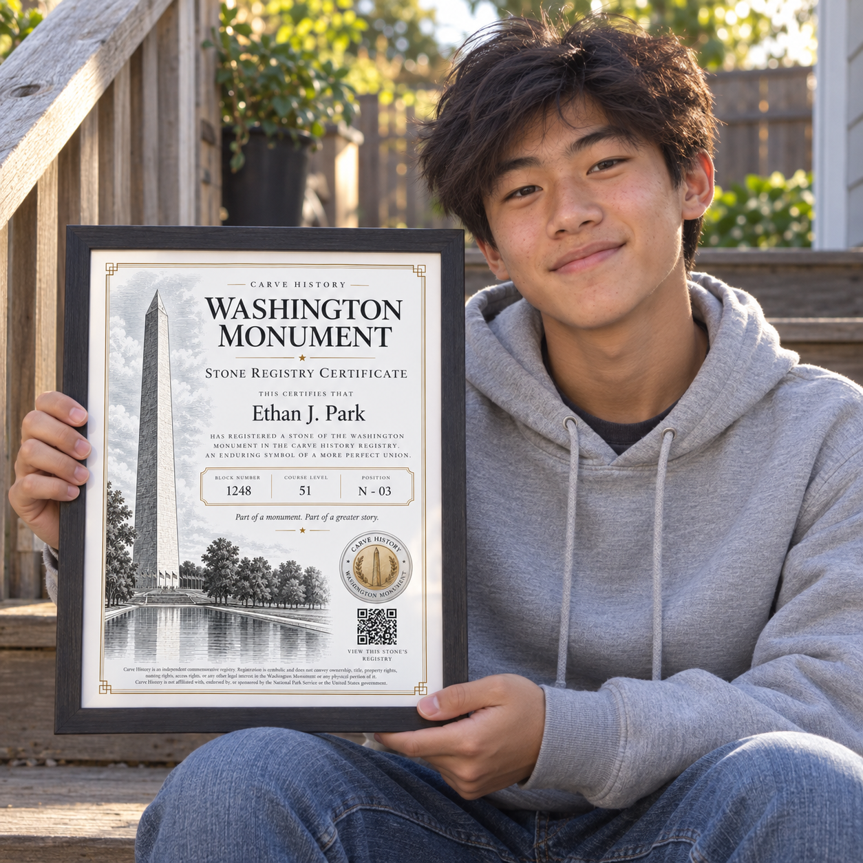 Ethan holding his framed Washington Monument Stone Registry Certificate on the porch steps