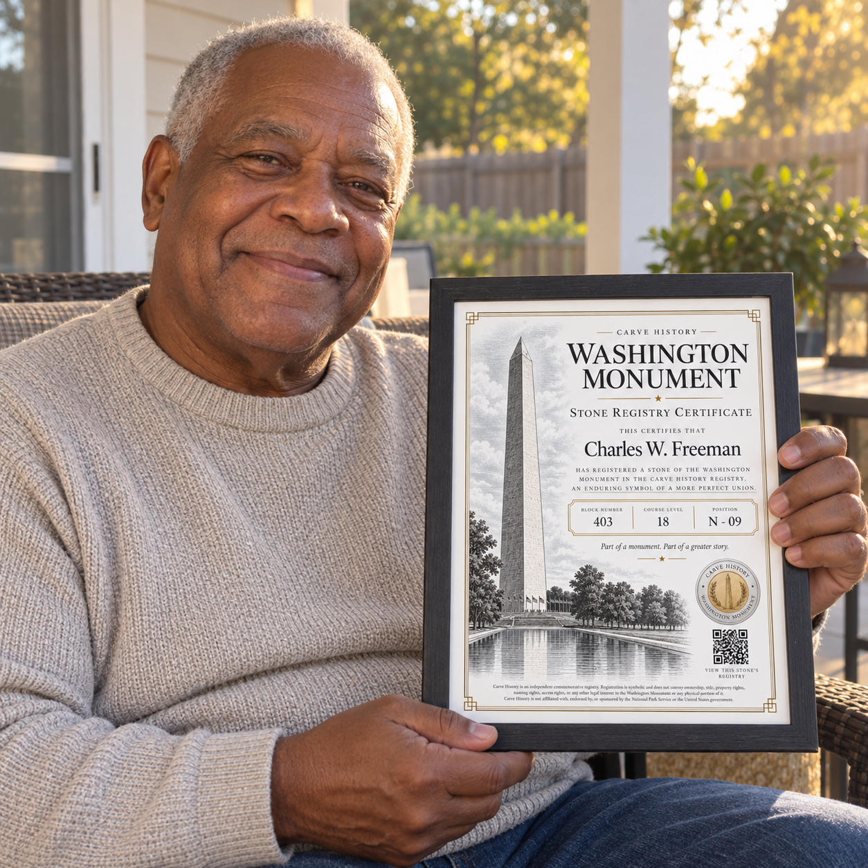Charles holding his framed Washington Monument Stone Registry Certificate on his porch
