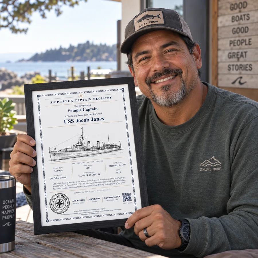 Customer displaying a framed commemorative certificate, photo 11