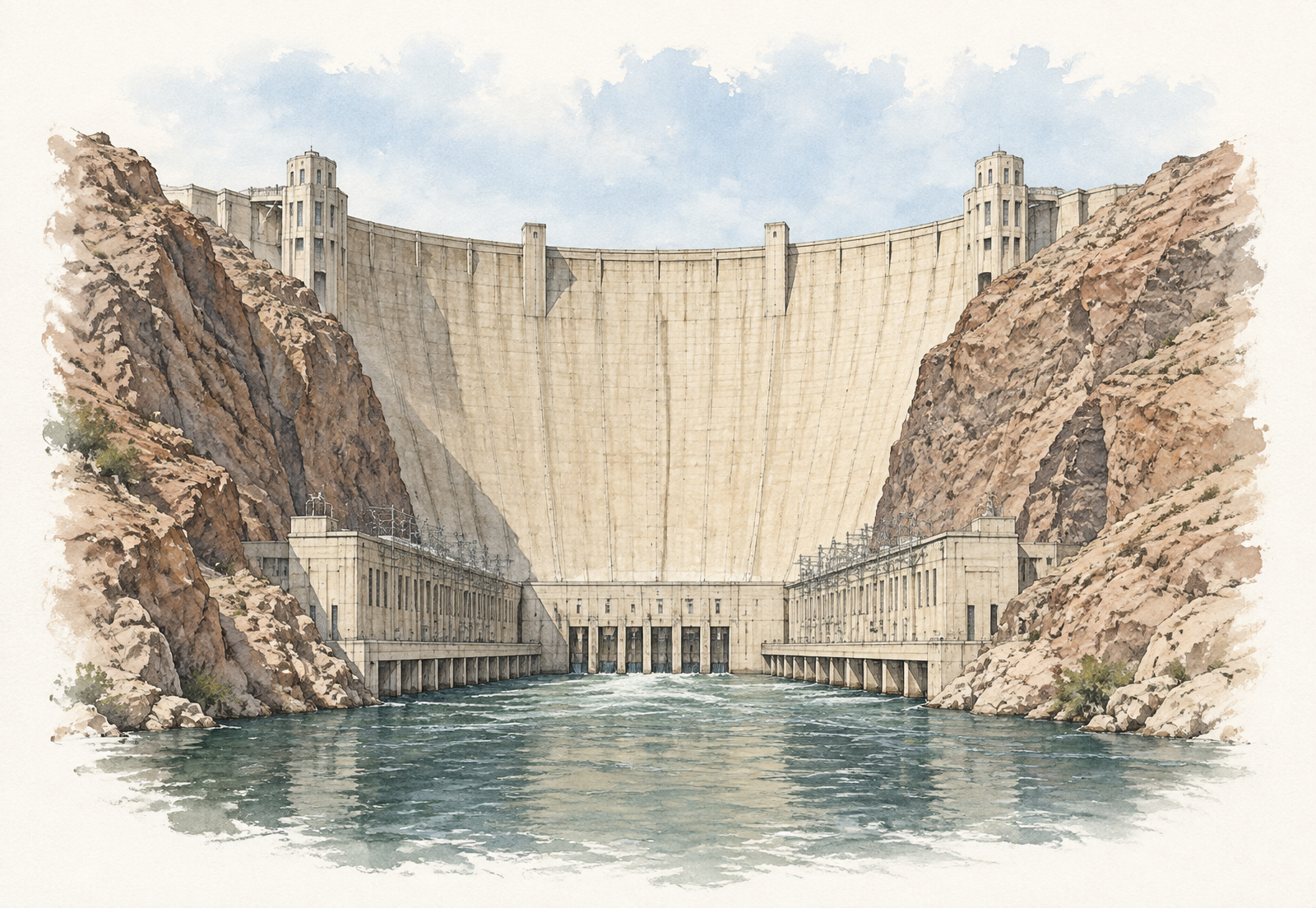 Downstream architectural view of Hoover Dam